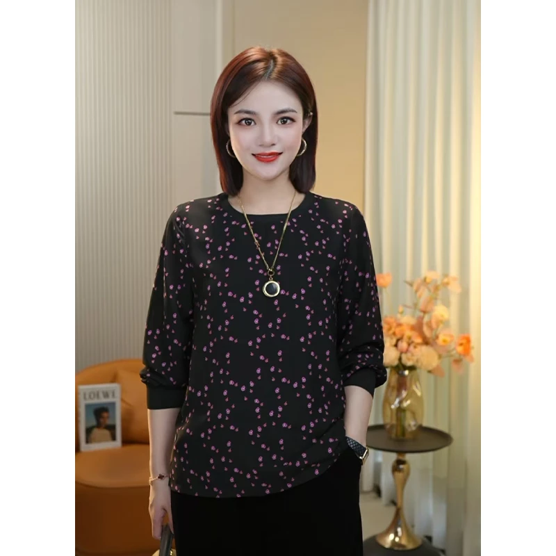 新款高贵休闲减龄百搭宽松洋气轻奢圆领显瘦女士时尚衬衣上衣