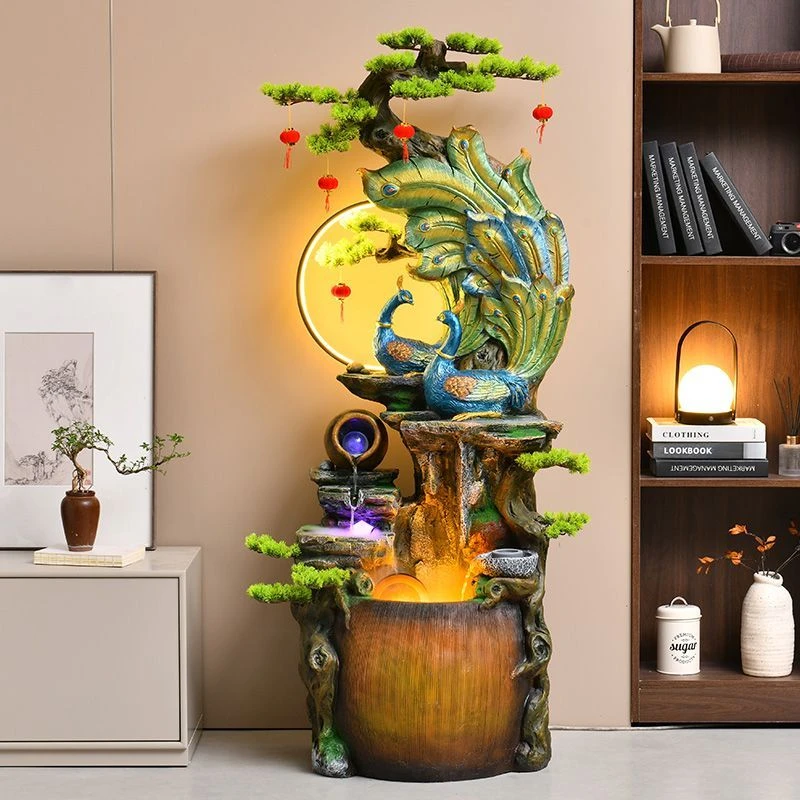 孔雀假山流水客厅摆件水幕墙落地装饰玄关店面加湿器开业送礼摆件