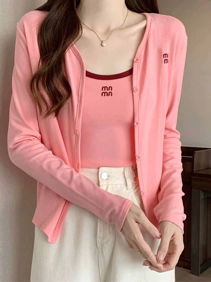 妮妮家0127春季新款时尚显瘦开衫吊带两件套