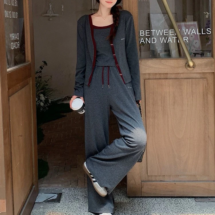 妮妮家1233撞色打底背心开衫外套➕休闲裤三件套