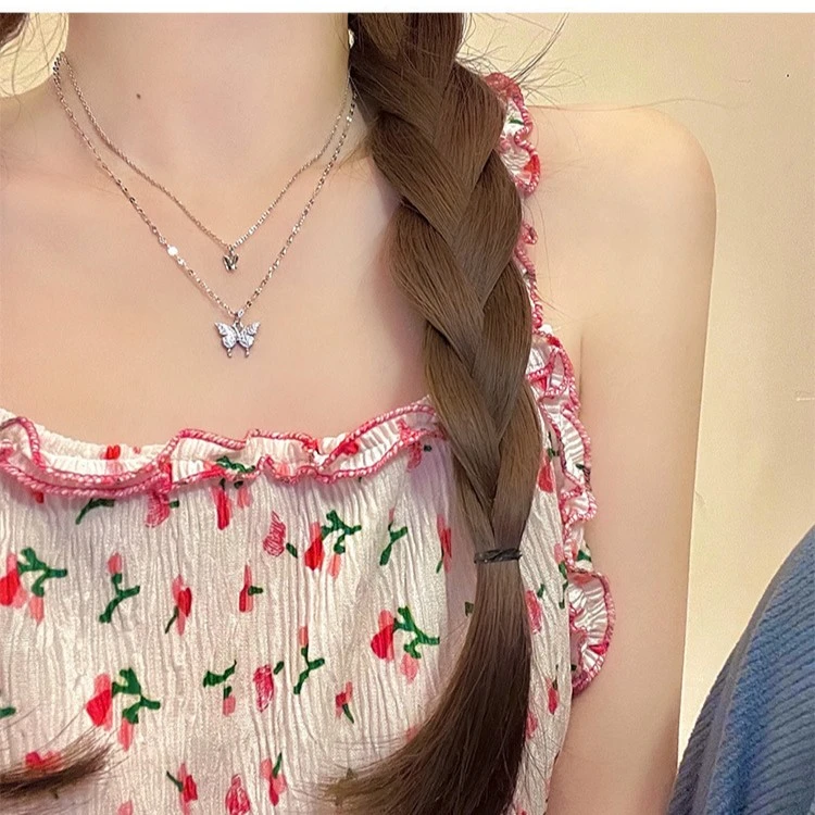 双层蝴蝶锁骨项链闪钻春潮颈链女ins百搭冷淡风锁骨链坠链高级感