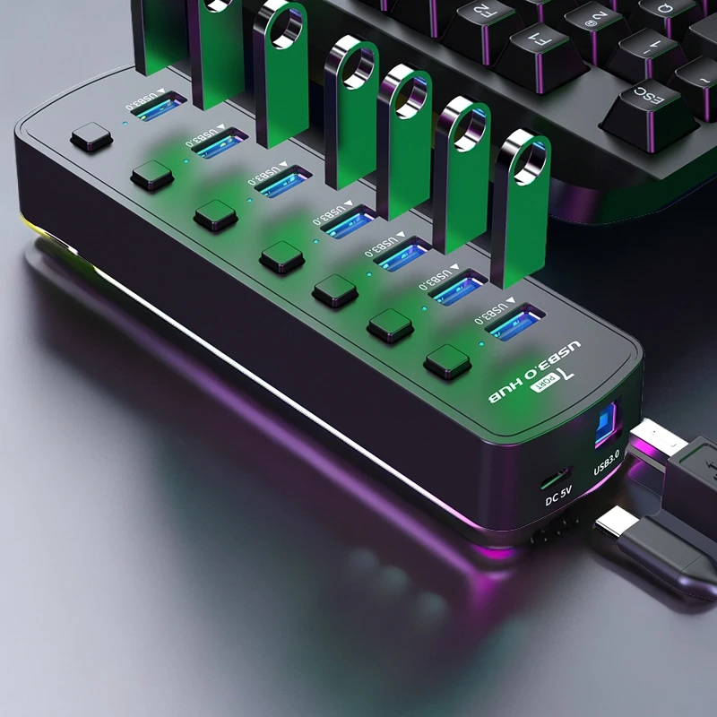 炫彩USB扩展坞7口HUB分线器独立开关带供电电脑USB3.0外设延长器