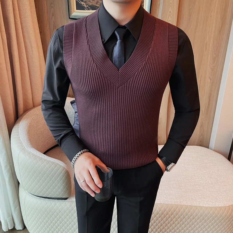 新款毛衣男士秋冬季无袖针织衫打底内搭保暖V领背心成熟稳重男装