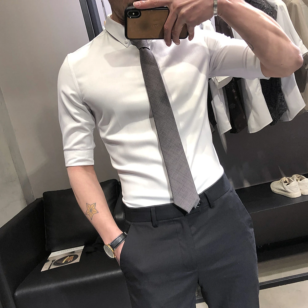 夏季七分袖衬衫男短袖高端纯色男士衬衣修身商务休闲痞帅男装寸衣