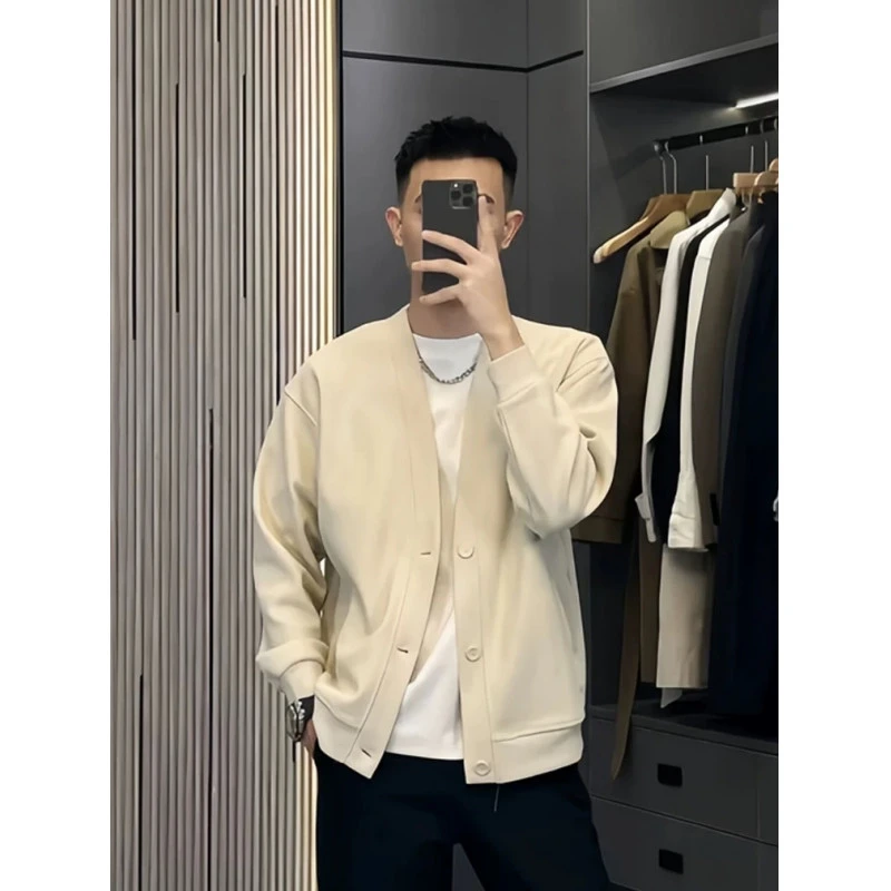 开衫外套男秋冬爆款潮牌宽松V领针织衫毛衣上衣轻奢痞帅法式工装