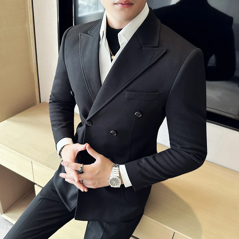 双排扣戗驳领男士毛呢休闲西服外套商务休闲潮流妮子加厚上衣黑色