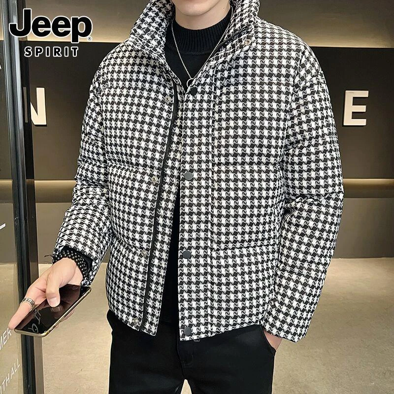 Jeep吉普千鸟格羽绒服男士冬季潮牌加厚白鸭绒立领痞帅休闲外套男