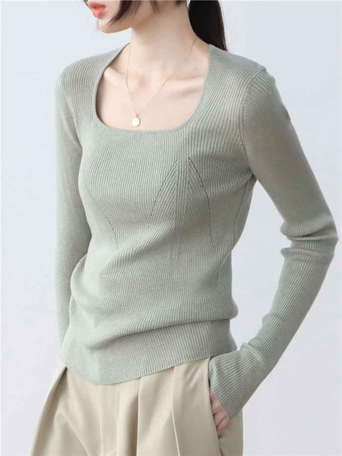 B法式方领针织打底衫女内搭早秋季色方领配大衣长袖毛衣打底上衣