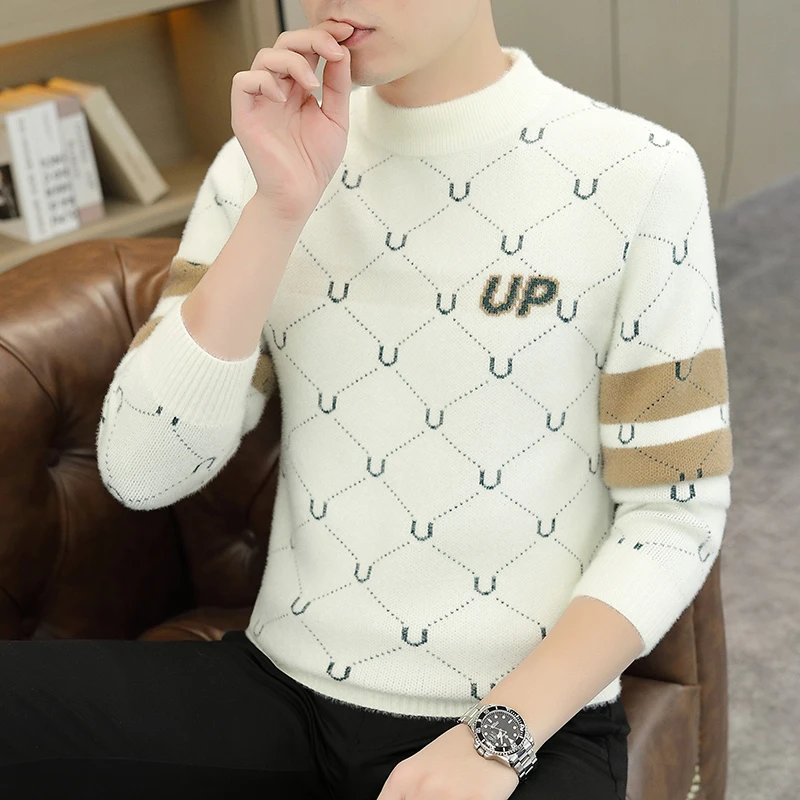 男士秋冬半高领毛衣时尚字母提花休闲上衣修身套头针织打底衫男款