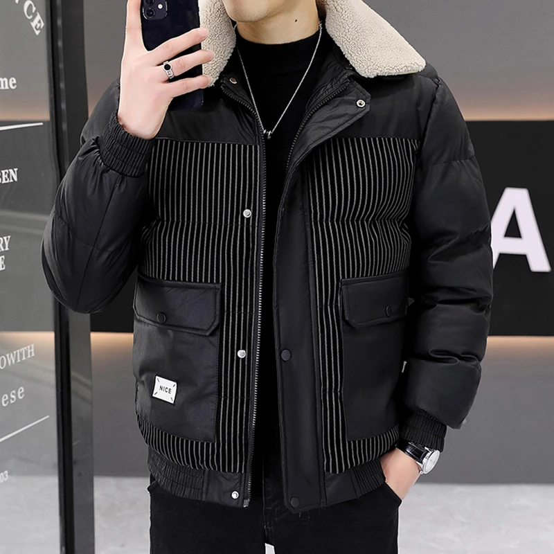 男冬季加厚棉服免洗可拆卸毛领时尚翻领外套潮男痞帅保暖休闲棉衣