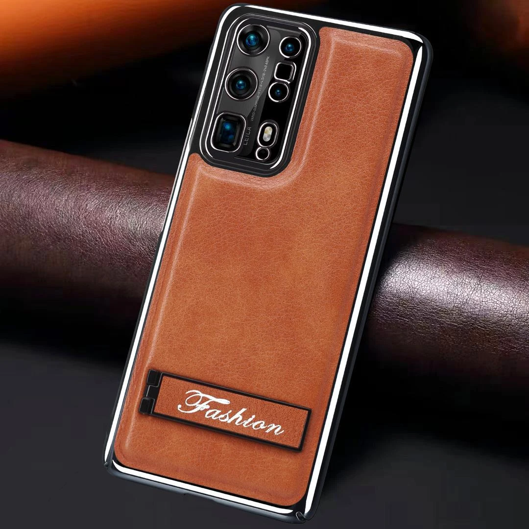 适用华为p40pro+手机壳高档电镀皮纹支架全包防摔轻奢商务男曲屏+