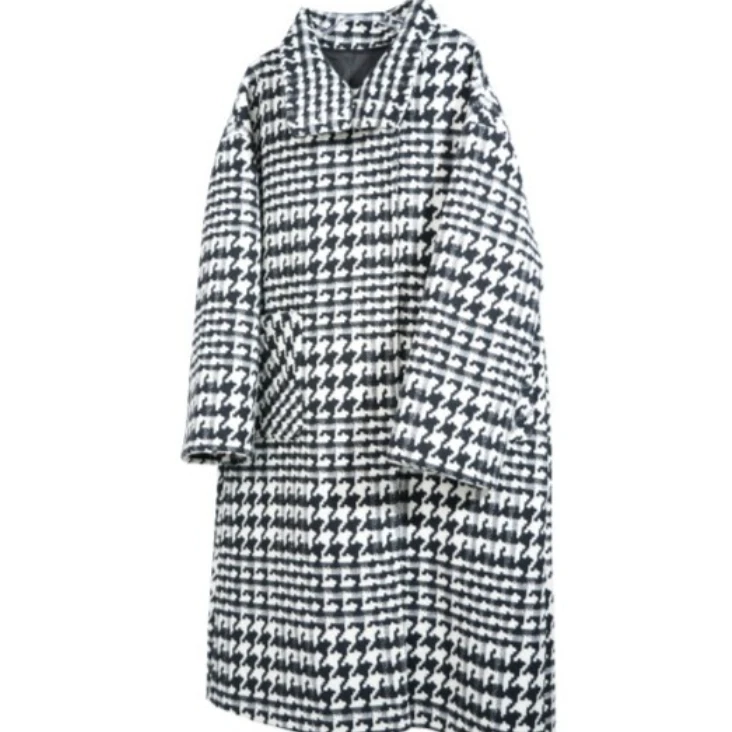 二哥二嫂【千鸟格】秋冬韩版气质时尚百搭中长款毛呢大衣