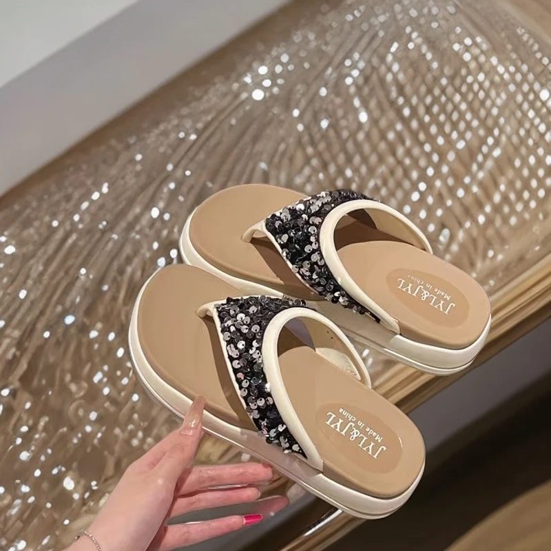 ~时尚韩版人字拖女2024新款亮闪闪夹趾厚底凉拖~裙穿法式尤莱特