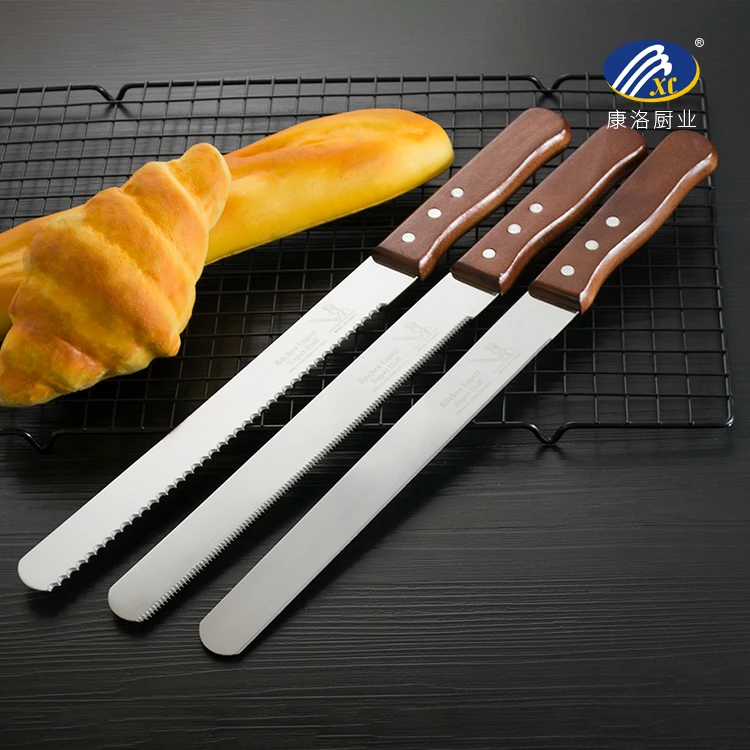 不锈钢面包刀分层蛋糕刀10寸木柄锯齿刀平口专用加长蛋糕刀具菜刀