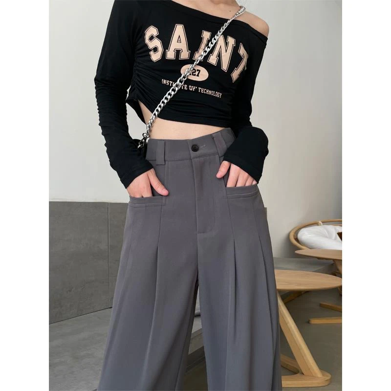 灰色西装阔腿裤女高腰垂感春秋夏新品薄款宽松显瘦休闲直筒拖地裤