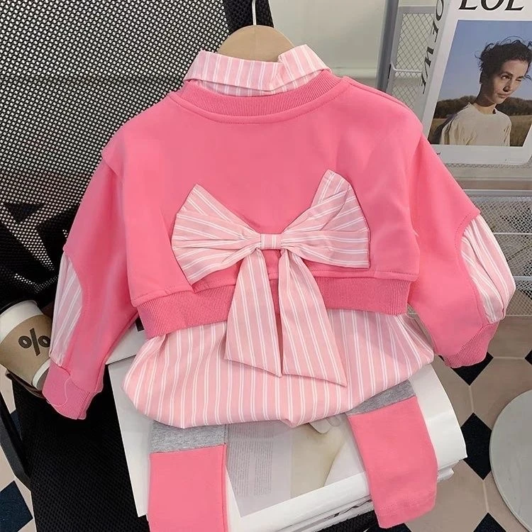 女宝秋装套装新款秋季衬衫2025洋气假俩件打底裤套装时尚潮流