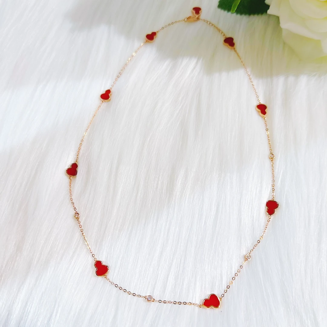 18k金 九葫芦玫瑰金锁骨链 玛瑙新款时尚叠戴百搭红色小葫芦项链