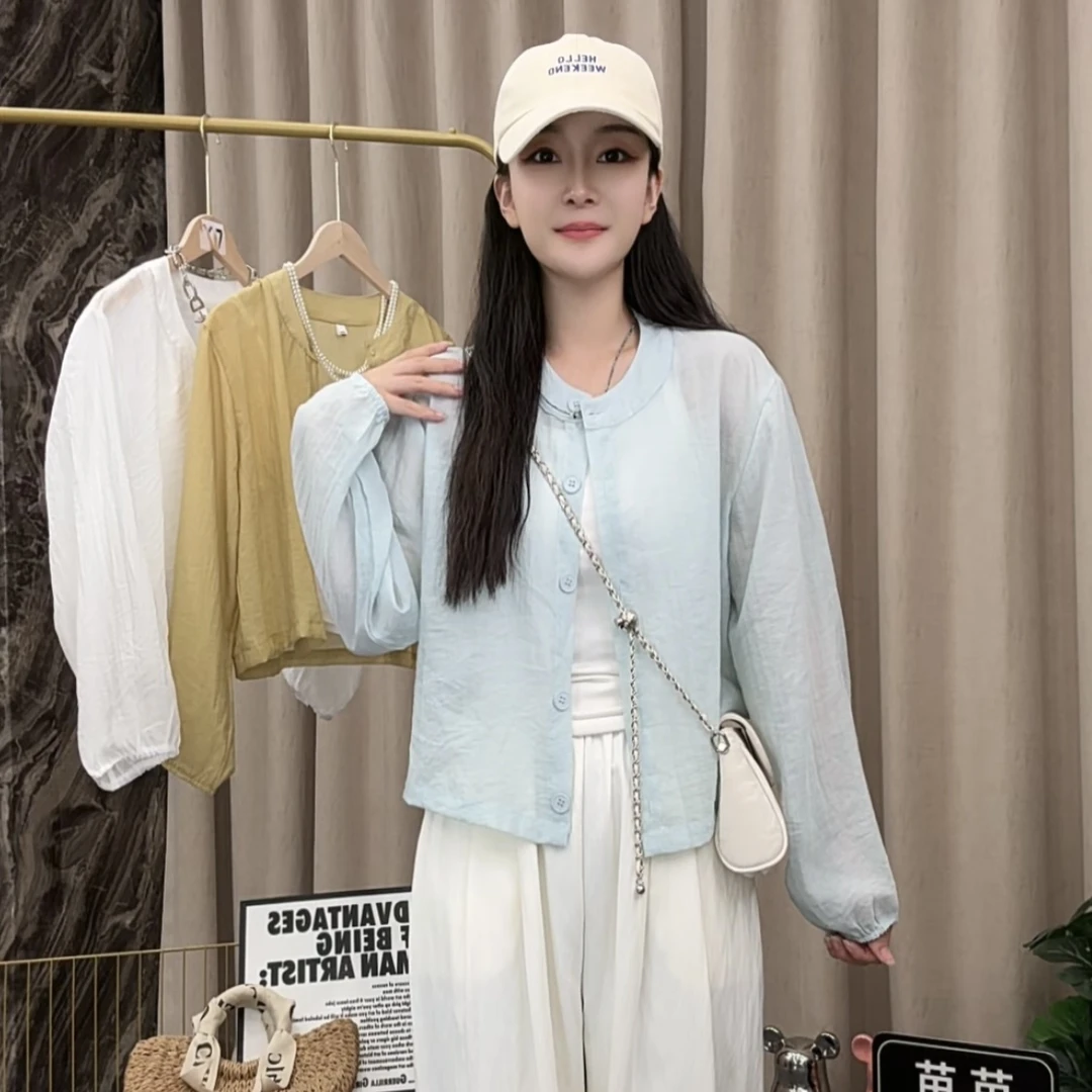 韩系气质简约显瘦时尚圆领单排扣宽松长袖防晒衬衫女2024夏季女装