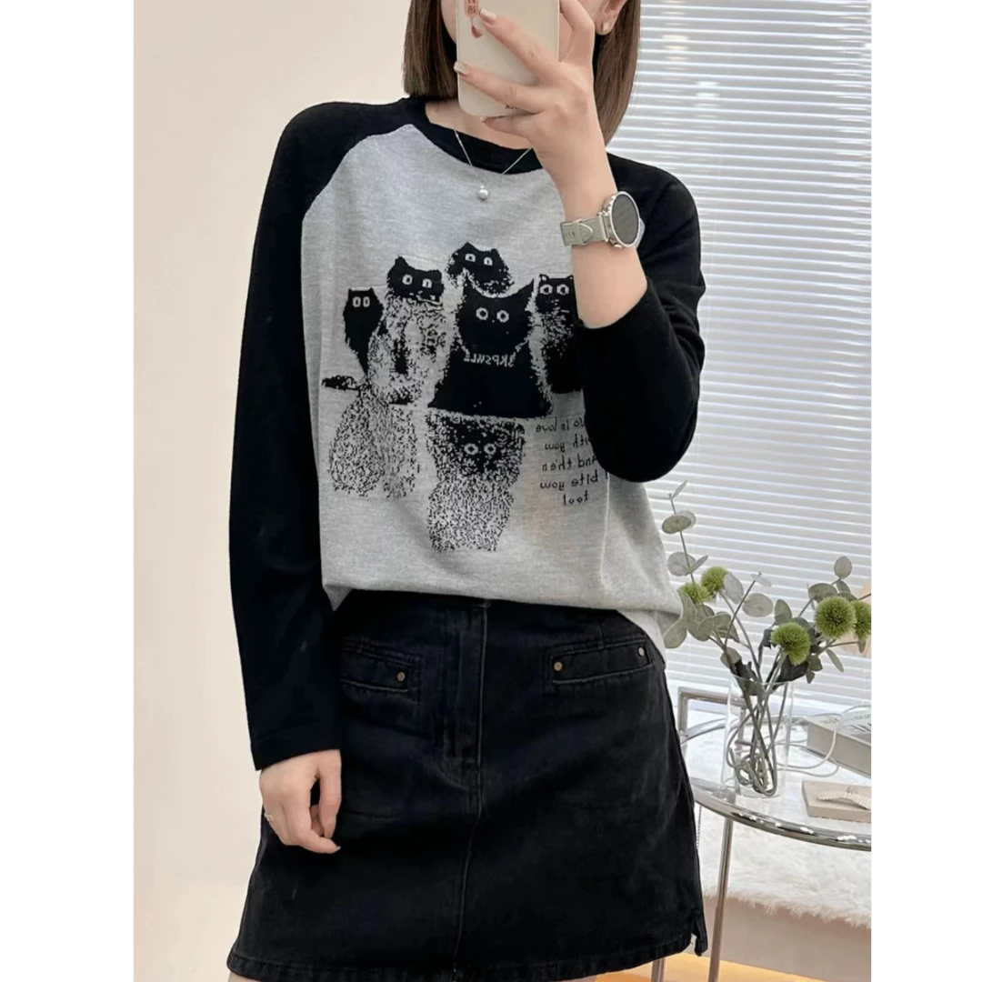 秋冬新款细针好多小黑猫提花圆领针织衫套头打底女8761-1