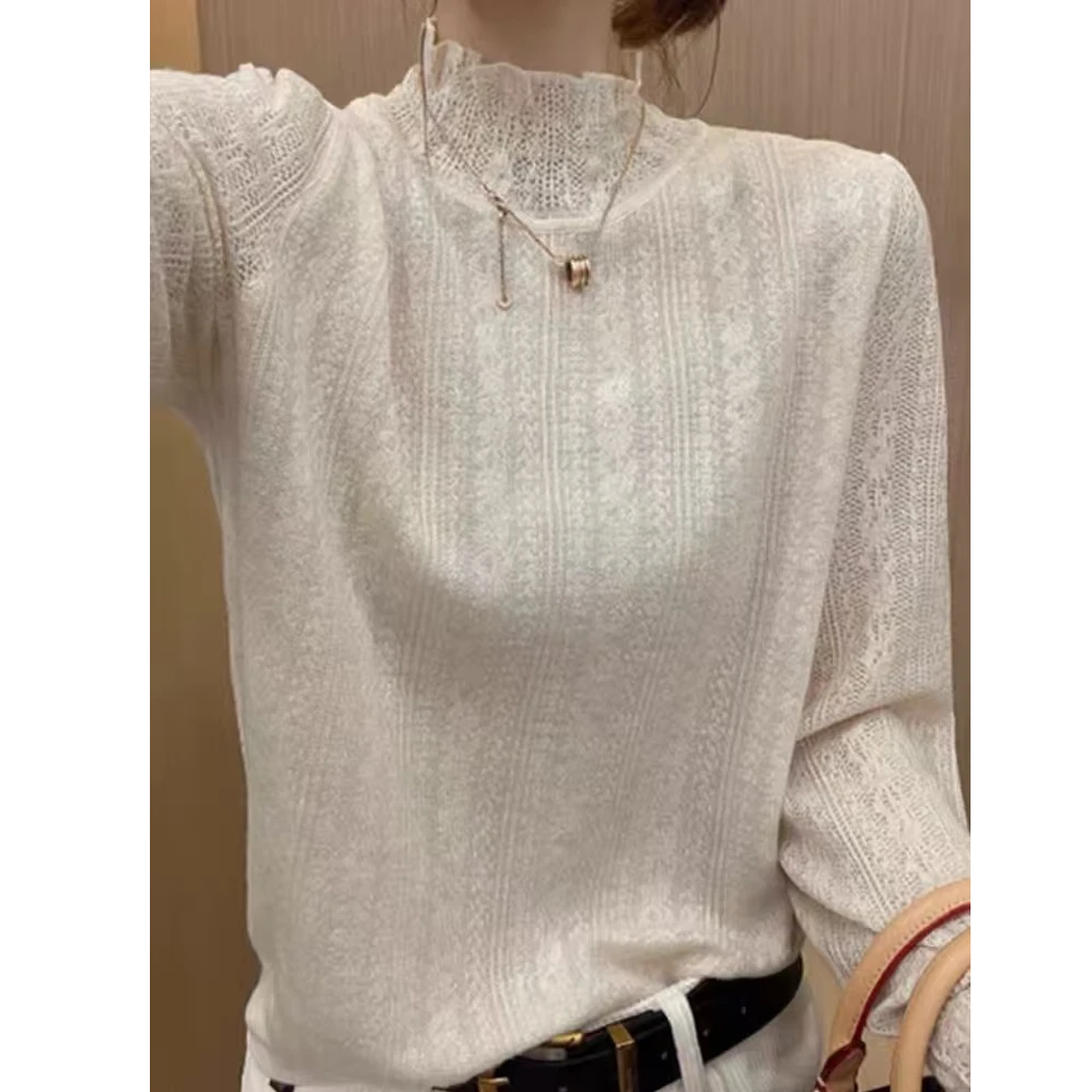 秋冬新款欧根纱混纺木耳领长袖宽松百搭针织衫套头打底女6585