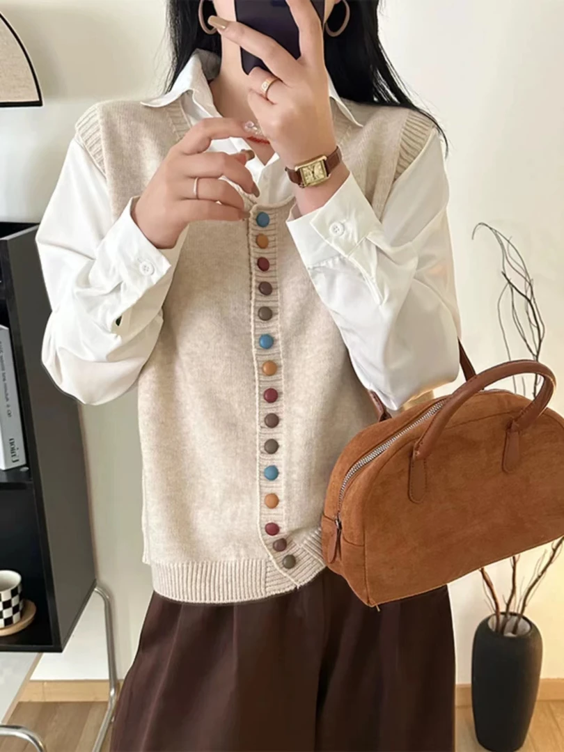 秋冬新款韩版彩色扣休闲百搭时尚宽松圆领显瘦针织衫毛衣马甲7853