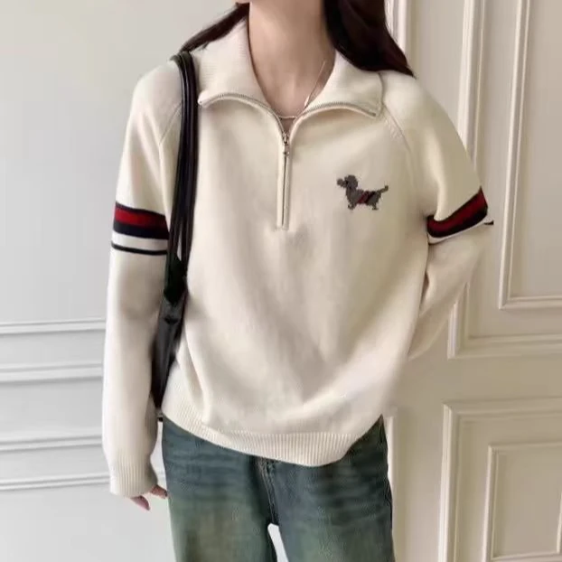 秋冬新款小狗提花立领拉链针织套百搭毛衣女1301-2