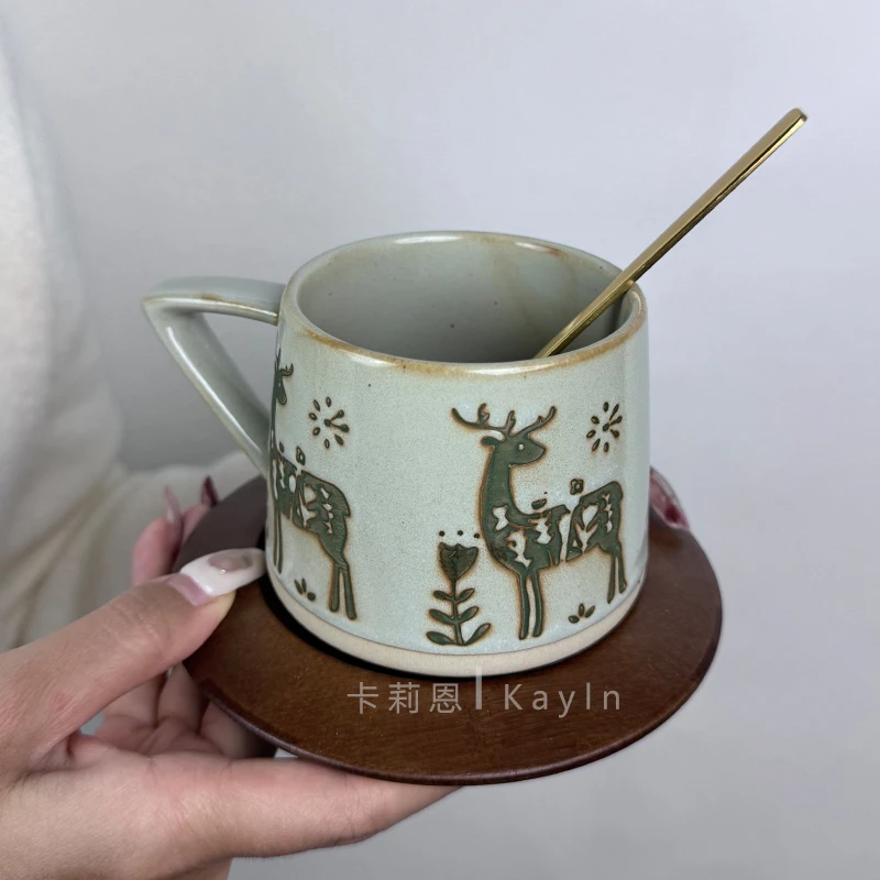 圣诞节驯鹿陶瓷马克杯复古粗陶雪花美式咖啡杯小众杯子礼物杯碟