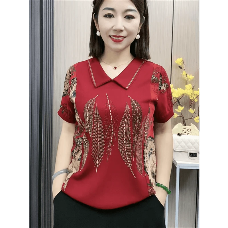 中老年夏季洋气显瘦弹力短袖时尚气质翻领上衣休闲宽松遮肚妈妈装