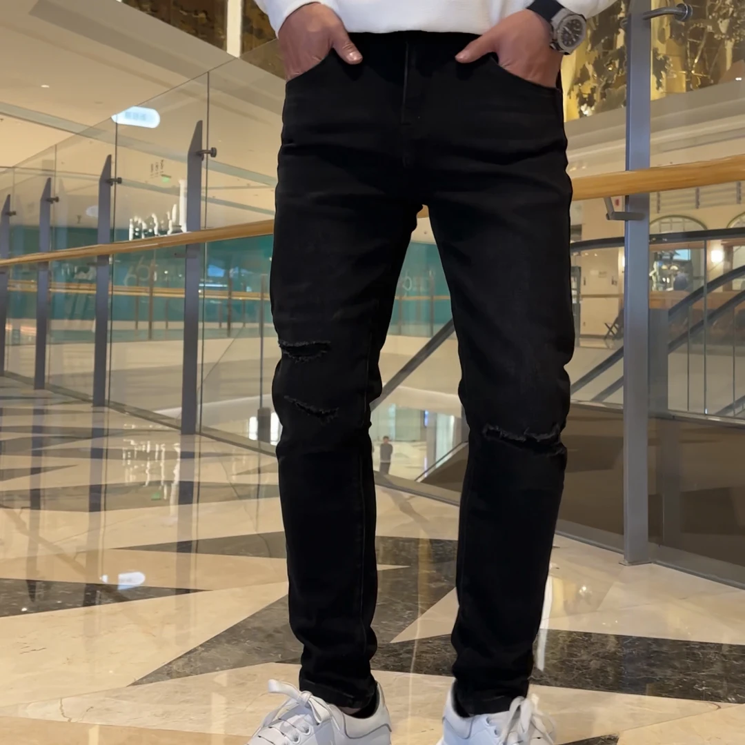 2025春季新款小脚裤男士黑色假破洞牛仔裤百搭休闲修身潮流时尚