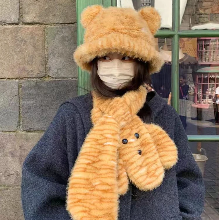 小霖~虎纹可爱小熊耳朵毛绒绒渔夫帽子