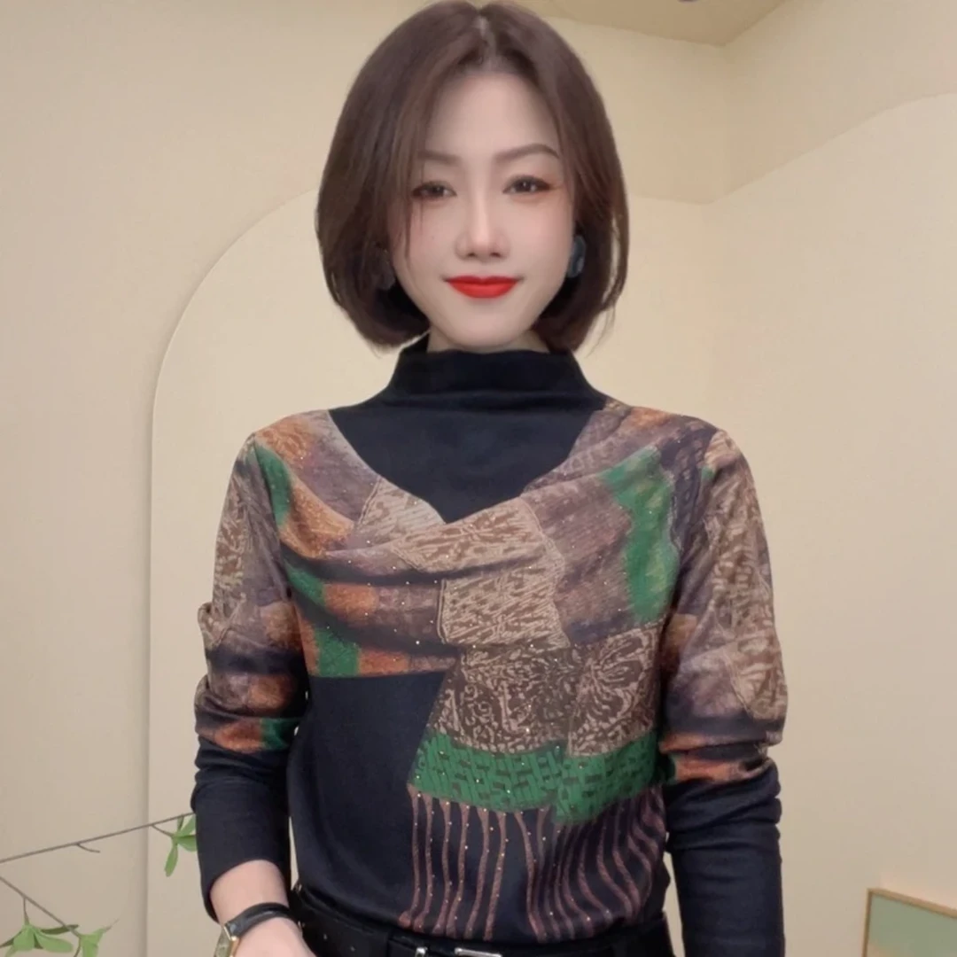 2024秋冬新款设计感假围巾T恤半高领长袖时尚百搭简约女士小衫