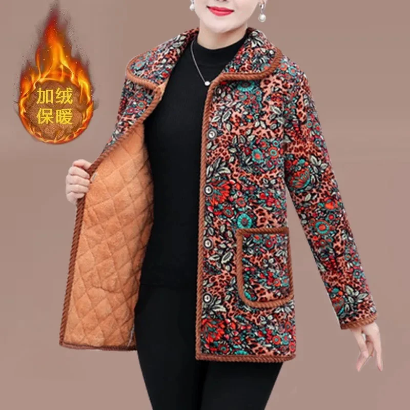 妈妈装新款冬装加绒加厚棉衣棉服中老年女装大码保暖衣服外套