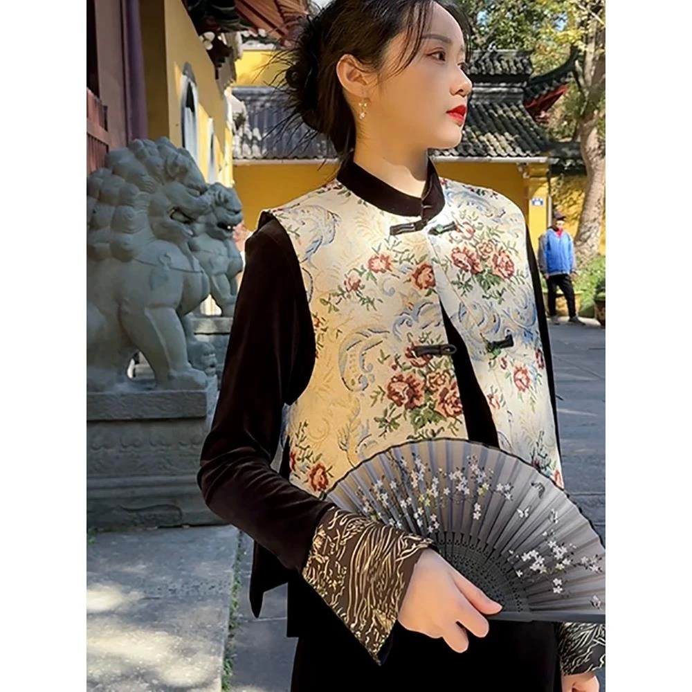 2024春季新款无袖新中式国风提花马夹水墨画圆领复古气质马甲外套