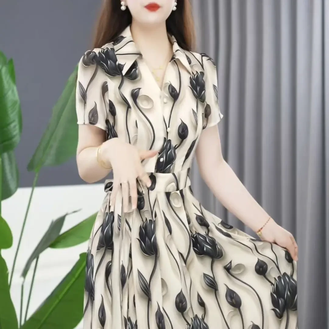 时尚短袖妈妈连衣裙2024夏季新款气质收腰显瘦中长款印花休闲裙子