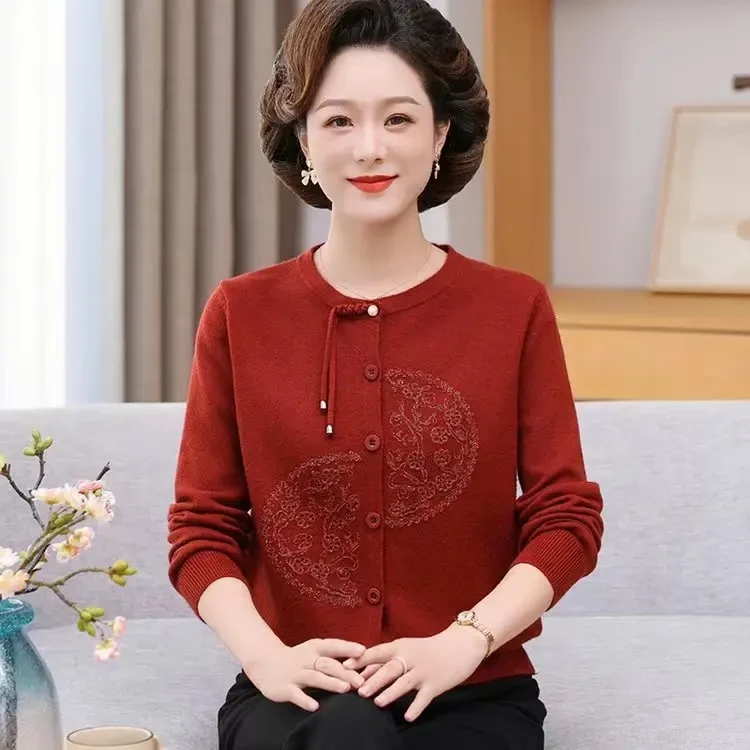 中老年长袖洋气上衣时尚秋季开衫2024新款妈妈针织打底小衫薄外套