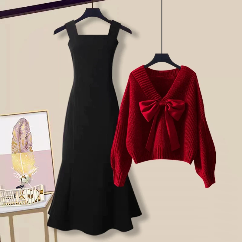 2025年夏季温柔系穿搭一整套可爱气质蝴蝶结针织毛衣鱼尾裙两件套