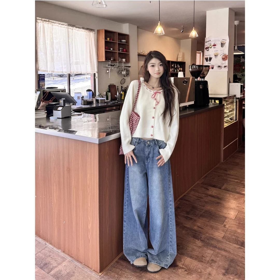 奶fufu慵懒风白色毛衣外套女春季设计感小众纽扣短款针织开衫上衣