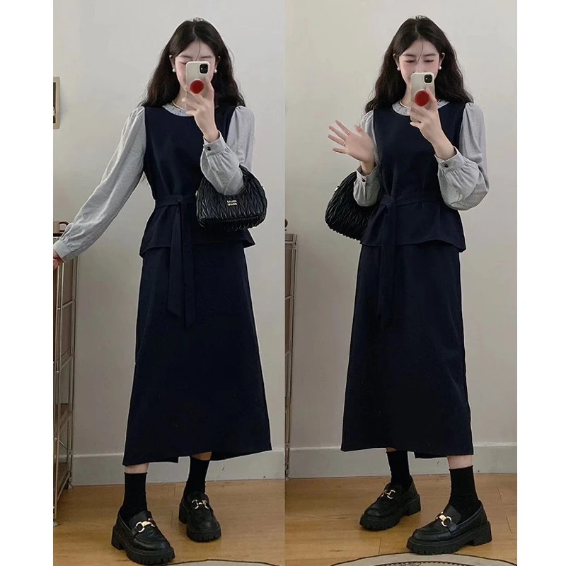 2024年法式气质穿搭一整套温柔风假两件拼接上衣减龄半身裙两件套