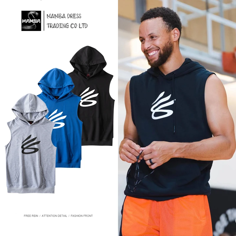 库里美式新logo无袖连帽套头卫衣篮球训练服春秋坎肩耐磨运动帽衫