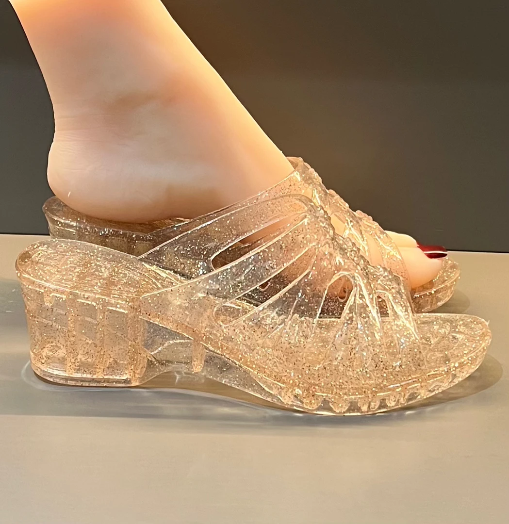 洋气高跟鞋女时尚夏季外穿厚底拖鞋女士一字拖露趾百搭洋气坡跟鞋