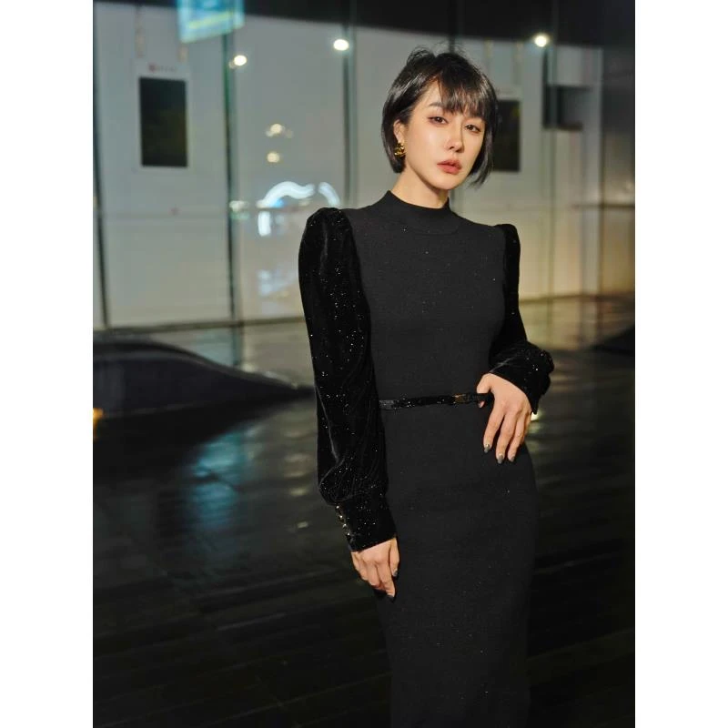 【卢浮微光】高级微闪冬季单穿打底百搭羊毛拼接丝绒针织长款毛衣裙