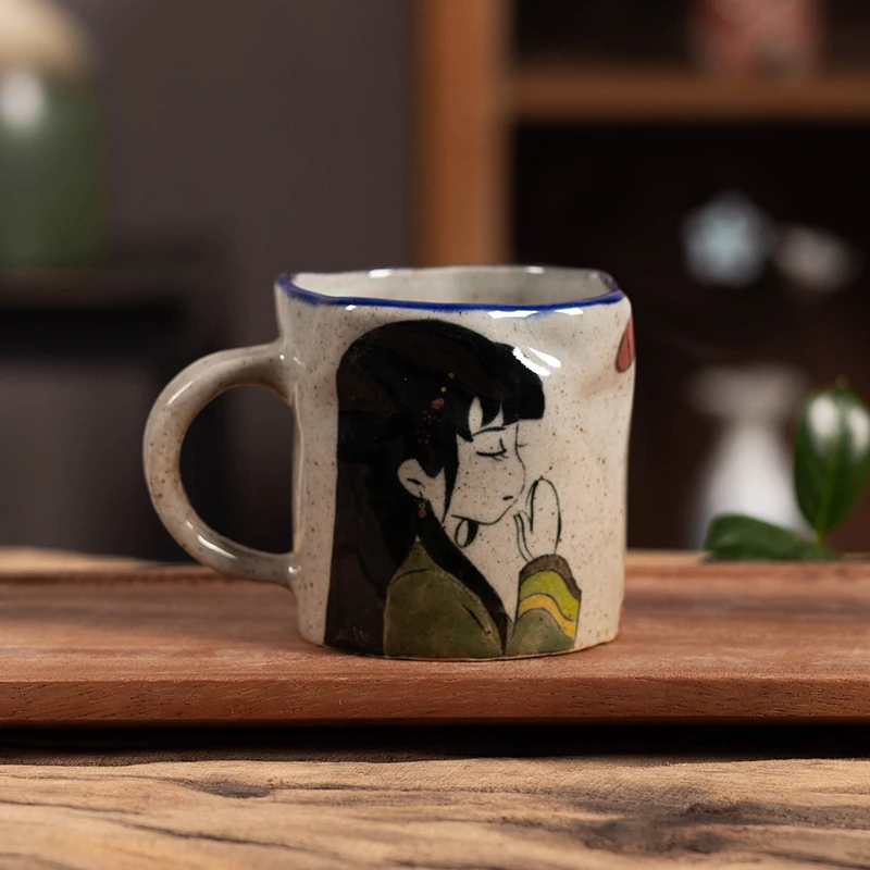 瓷木景德镇手绘国风咖啡杯釉下彩粗陶复古马克杯水杯早餐杯