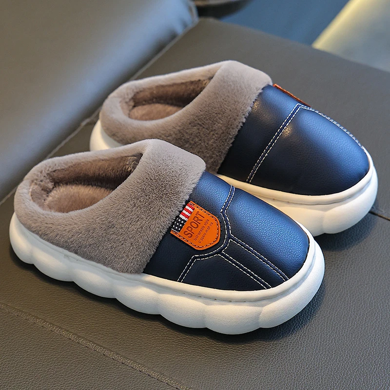 儿童棉拖鞋PU皮防水软底防滑加绒加厚亲子成人情侣居家冬季保暖