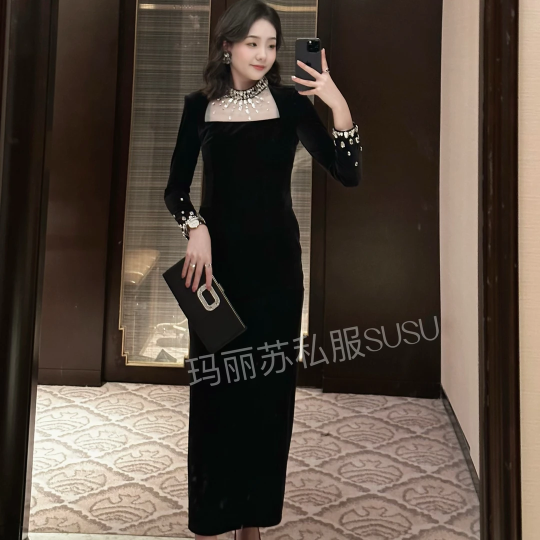 修身时尚名媛复古气质新娘显瘦蕾丝开叉连衣裙轻奢长袖法式9762