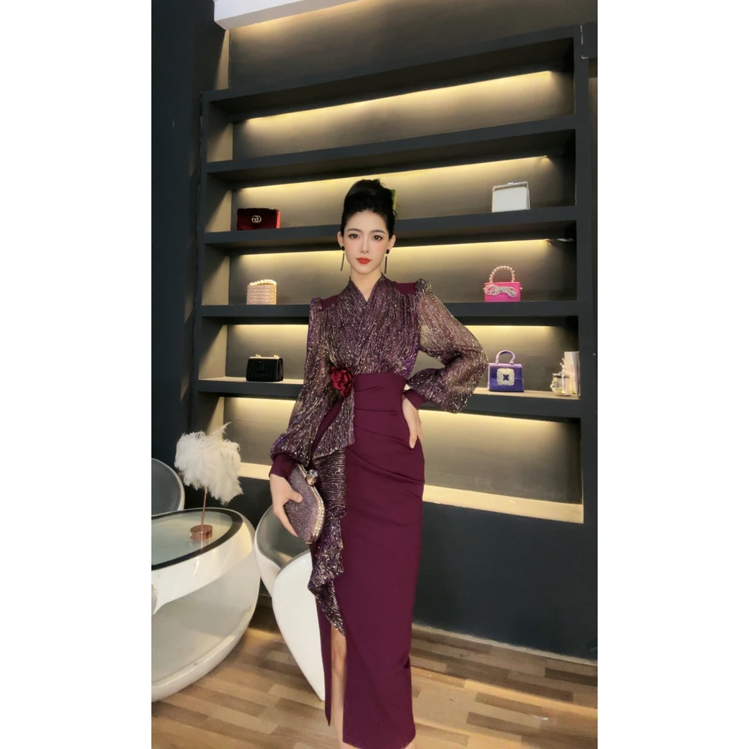 七爷定制 国内设计师品牌 时尚气质复古收腰开叉包臀连衣裙50749