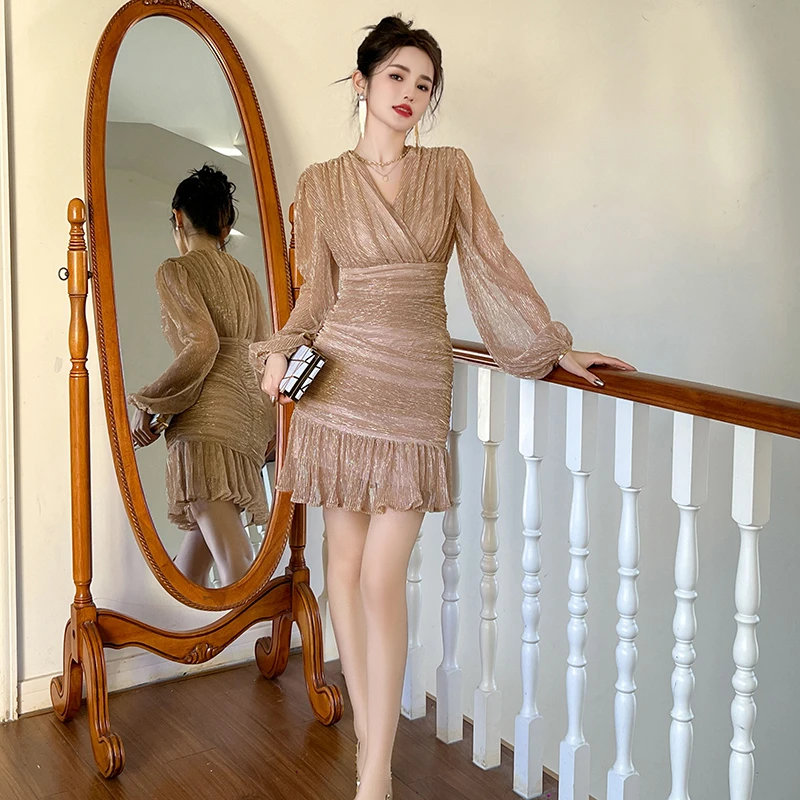 性感气质女装连衣裙蕾丝时尚轻奢长袖复古法式优雅名媛修身40281