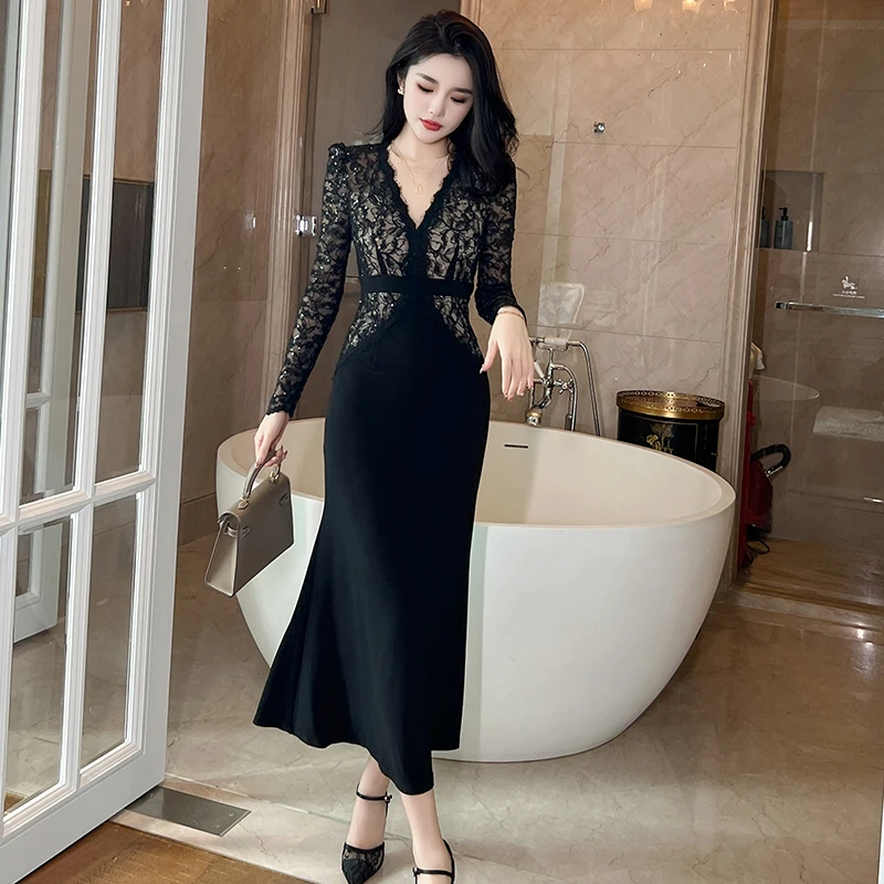 性感长袖时尚修身宴会气质名媛收腰显瘦包臀黑色蕾丝连衣裙20698