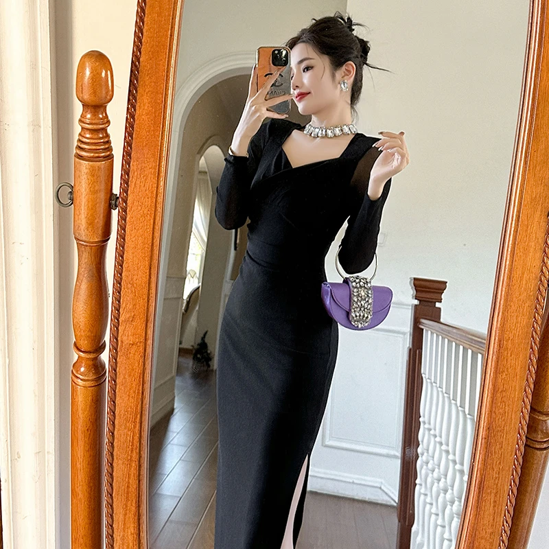 法式修身气质黑色性感复古收腰包臀开叉连衣裙宴会名媛显瘦9704