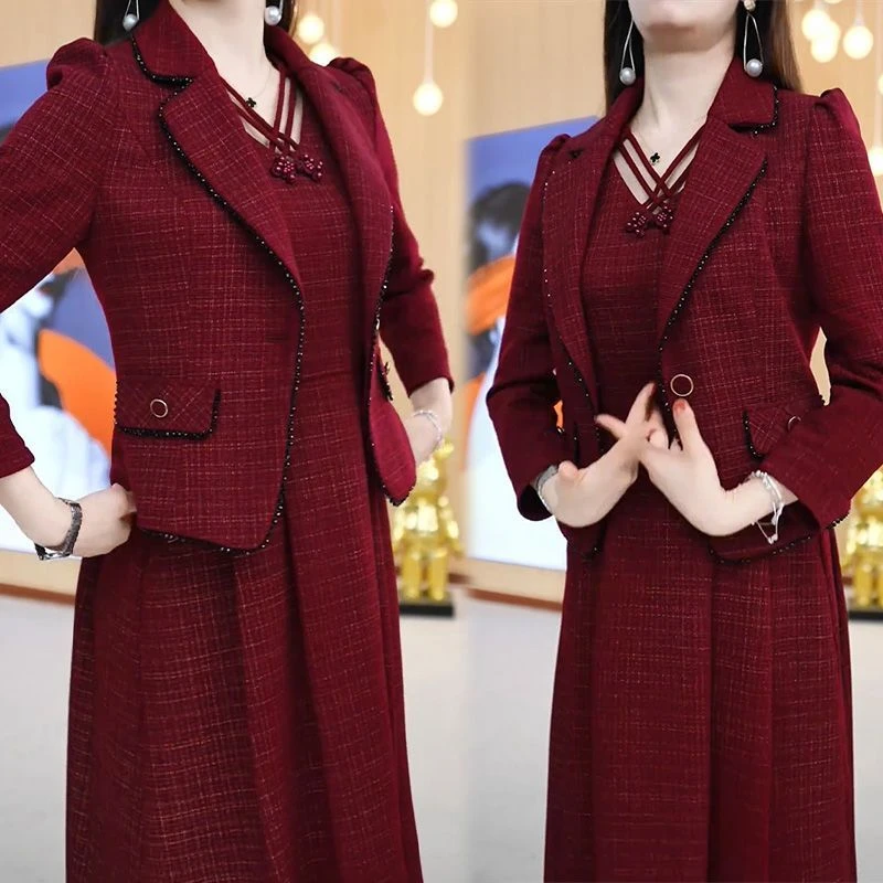 高定版中年妈妈两件套连衣裙女秋季2024新款时尚洋气高档套装女裙