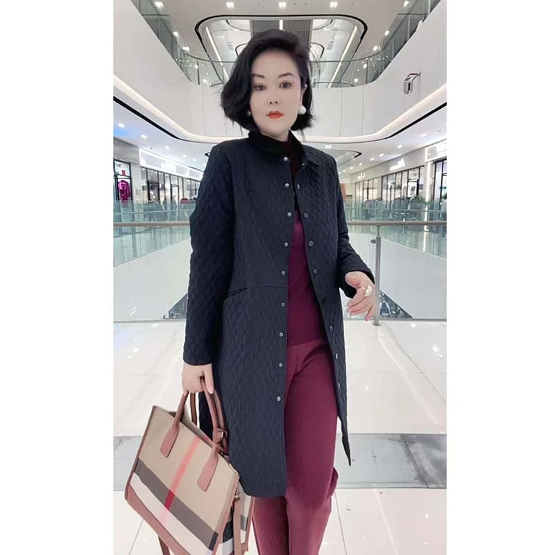 秋冬新韩版菱形格外套气质大码宽松显瘦时尚百搭修身中长款女